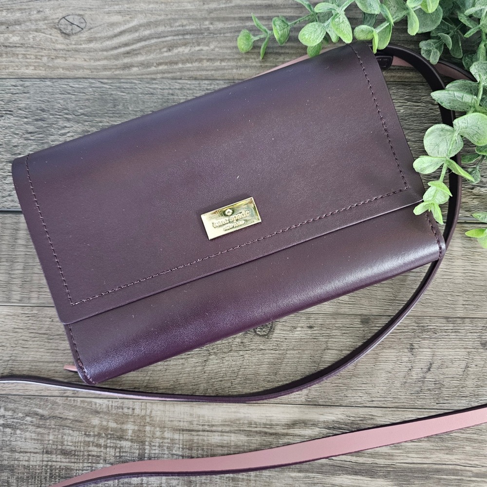 Kate Spade Arbour Hill Crossbody Bag Wallet Burgundy Leather Pink Interior Strap